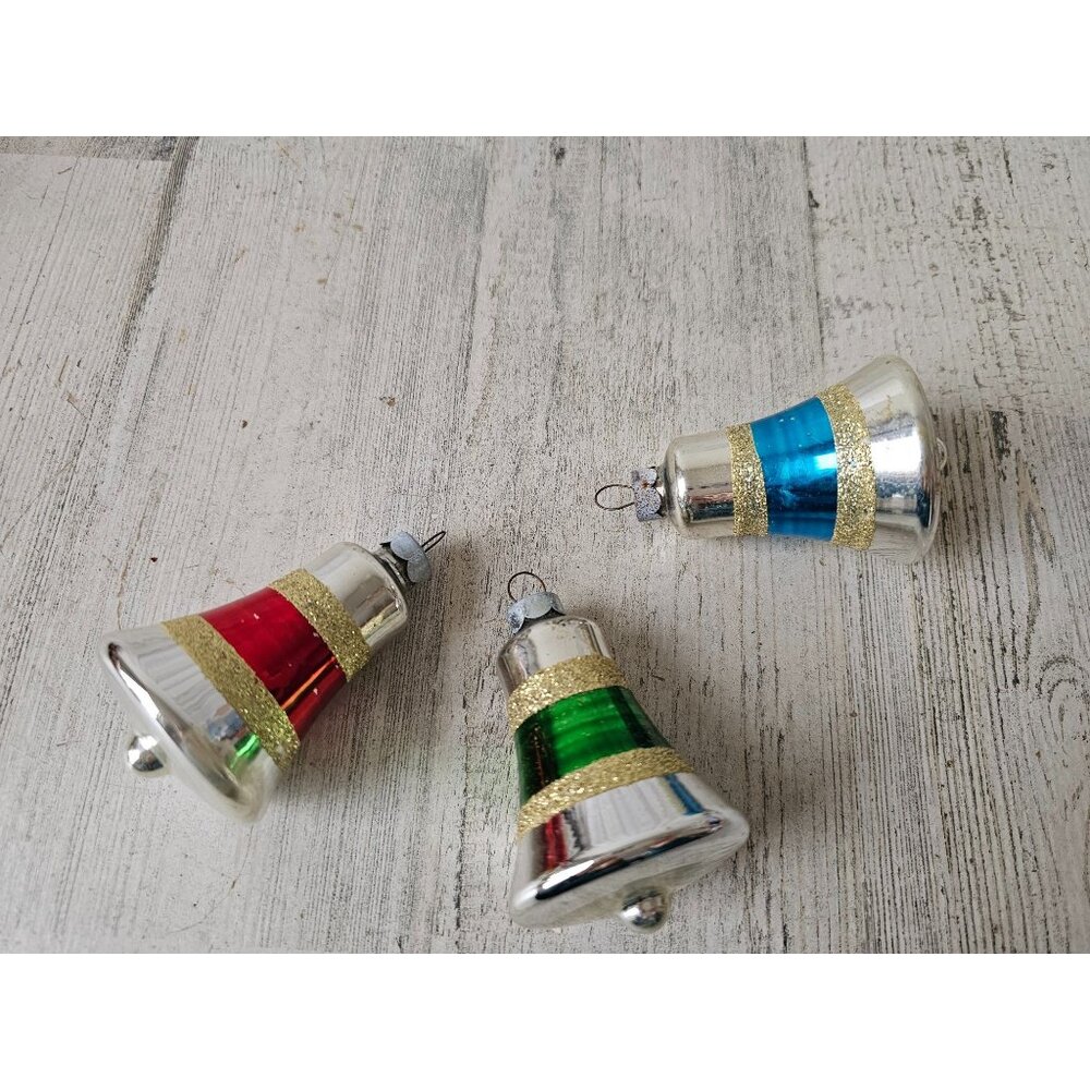 Vintage glitter mercury glass bell ornament gold striped green red blue set Xmas